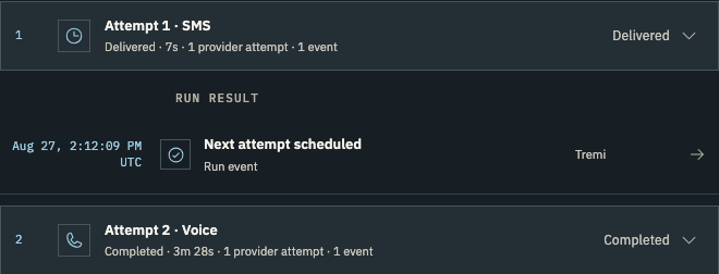 Example Tremi run showing provider-accepted outreach attempts and the run history