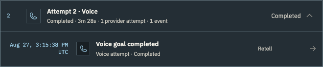 The run record confirms that the voice conversation goal was completed.